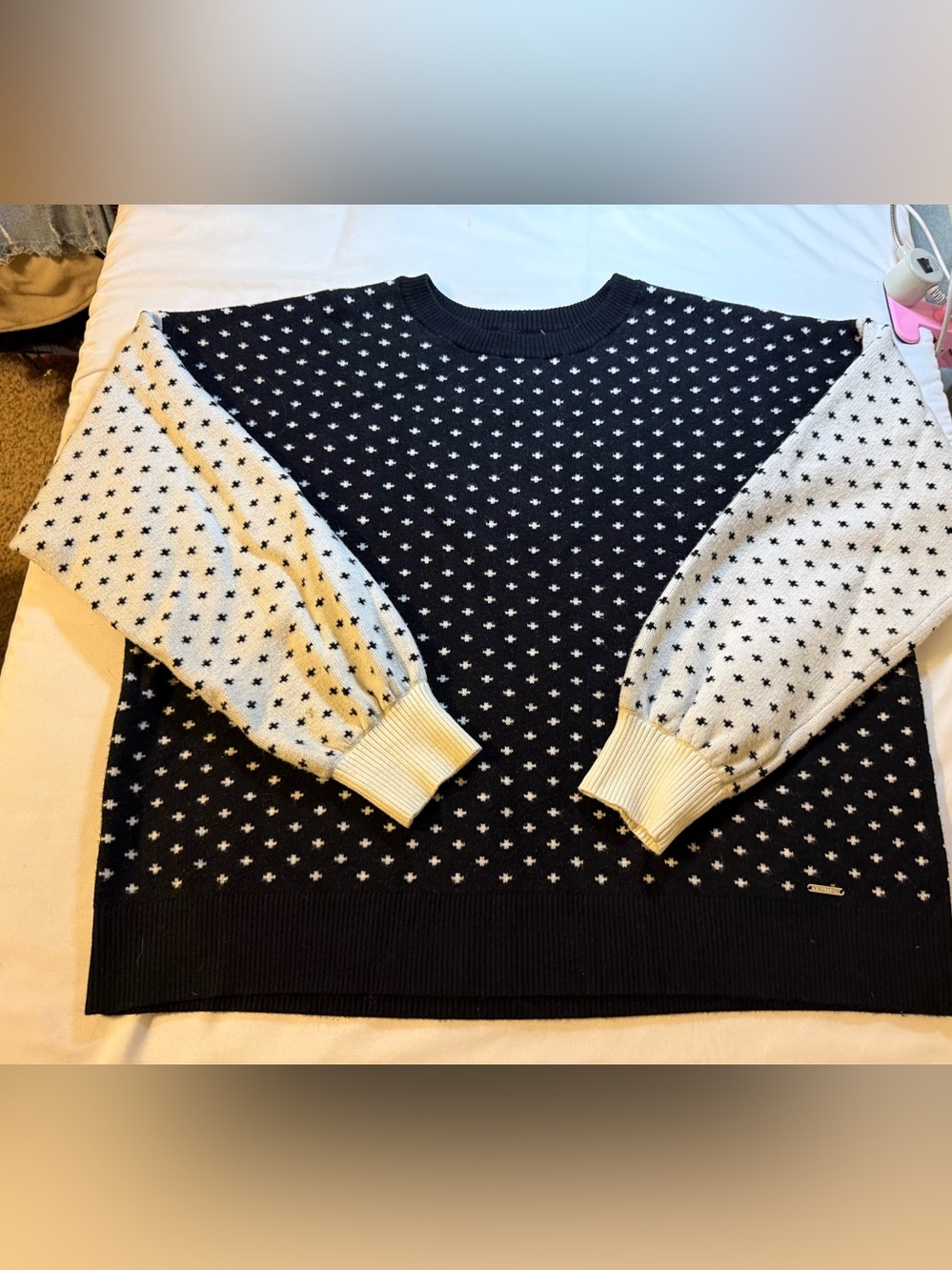 Nautica Navy & Cream Crewneck Sweater with Patterned Sleeves